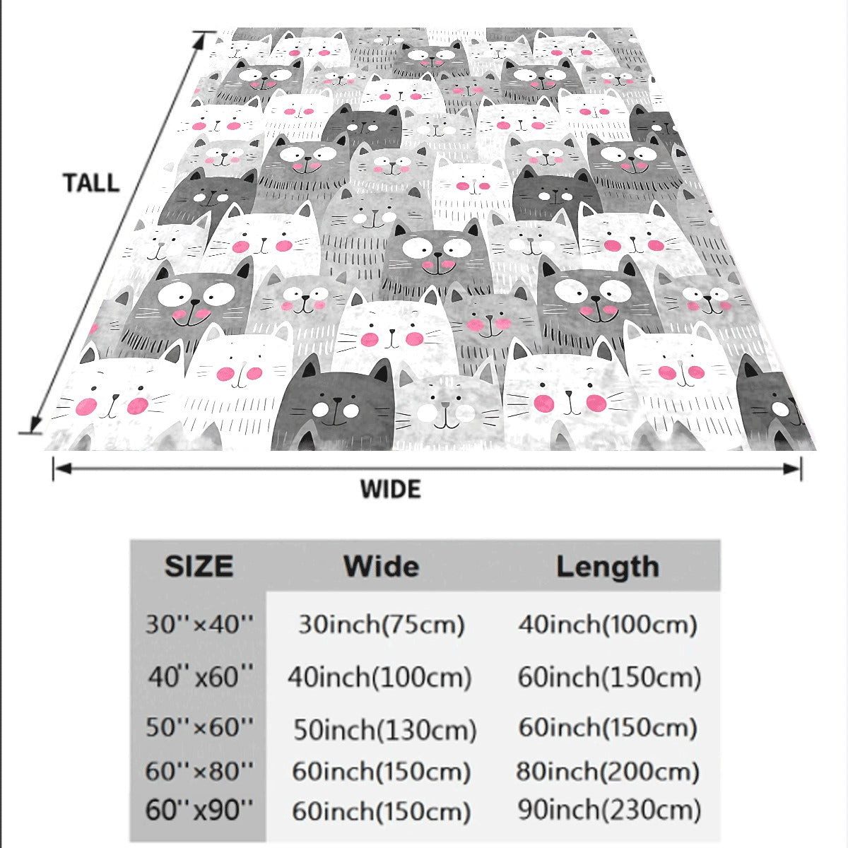 1pc Cute Cat Pattern Ultra-Soft Flannel Blanket All-Season Warm Cozy Throw for Couch Adorable Gray White Cats with Pink Cheeks Print Plush Fleece Fabric