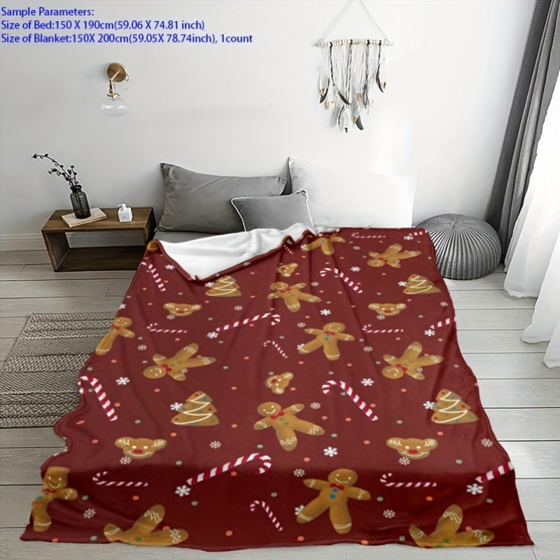 1pc Christmas Gingerbread Man And Candy Cane Red Background Flannel Blanket, Soft Comfortable Warm, Red Festive Design, Durable Plush, All-Season Bed Blanket, Warm Cover, Multiple Sizes Available, Suitable for Living Room Sofa, Bedroom Bed