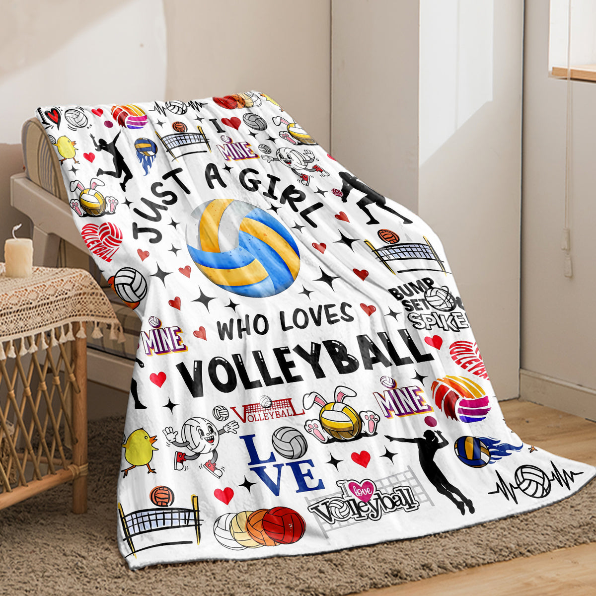 1pc Volleyball-Themed Flannel Blanket | Soft Plush with Volleyball Players, Hearts & Volleyball Balls - All-Season Couch, Office, Volleyball Decor, Camping Essential - Ideal Gift for Sports Fans & Home Decor Lovers, Polyester