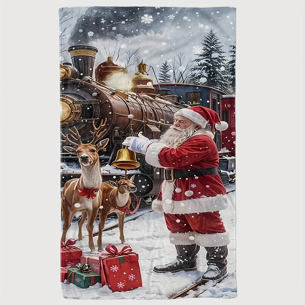 1pc Cozy Christmas Santa & Reindeer Train Flannel Throw Blanket - Soft Warm All-Season, Anti-Tear Machine Washable Sofa Cover, Traditional Holiday Train with Santa, Reindeer & Locomotive, Suitable for, Couch, Office - Care