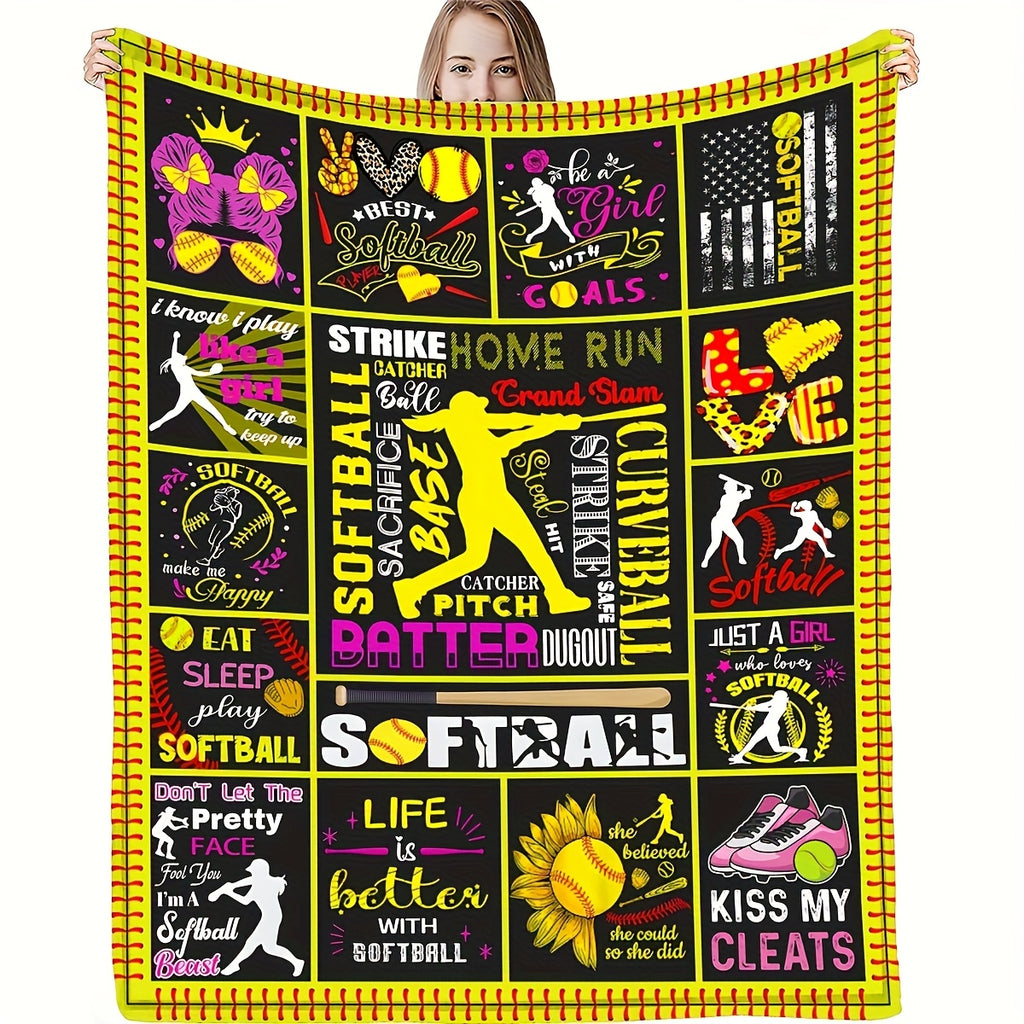 1pc Ultra-Soft & Warm Reversible Flannel Softball Blanket - Cozy Throw for Softball Fans, Perfect Gift for Girls, Boys & Adults - Vibrant Champagne with Playful Softball Designs, Sports Fan Gift | Reversible Blanket | Flannel Fabric