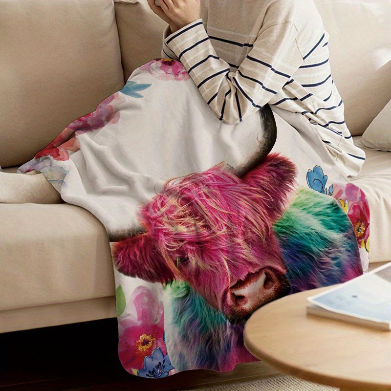1pc 2D Flat-printed Colorful Cow and Floral Pattern Blanket, Soft Flannel Throw¡ªpink and Green Design, Multiple Sizes Available, Suitable for Living Room, Bedroom, Sofa, Balcony, and Outdoor Use, 2D Flat