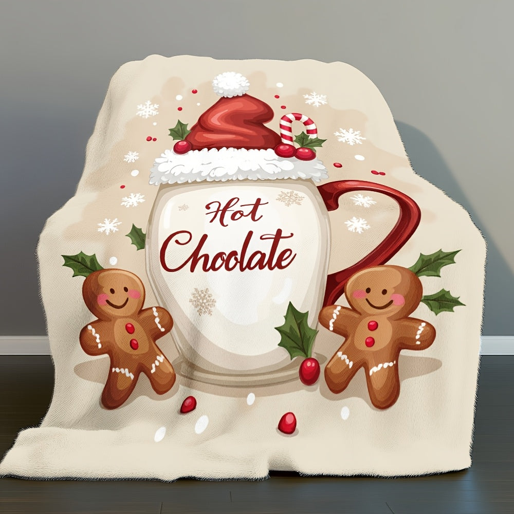 1pc Christmas Gingerbread Hot Cocoa Throw Blanket, Santa Hat And Gingerbread Print Design, Full-Size Blanket, Soft Fleece Velvet, Lightweight And Durable, Multi-Size Available, Suitable for Christmas Decor, Outdoor Leisure, Living Room Sofa