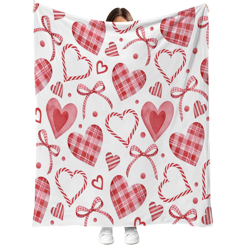 Valentines Day Throw Blanket Pink White Plaid Heart Bow Soft Cozy Flannel Blanket Romantic Valentine's Gift for Her Wife Mom Women Valentine Blankets for Couch Bed Sofa Decor, 50W X 15.85gal