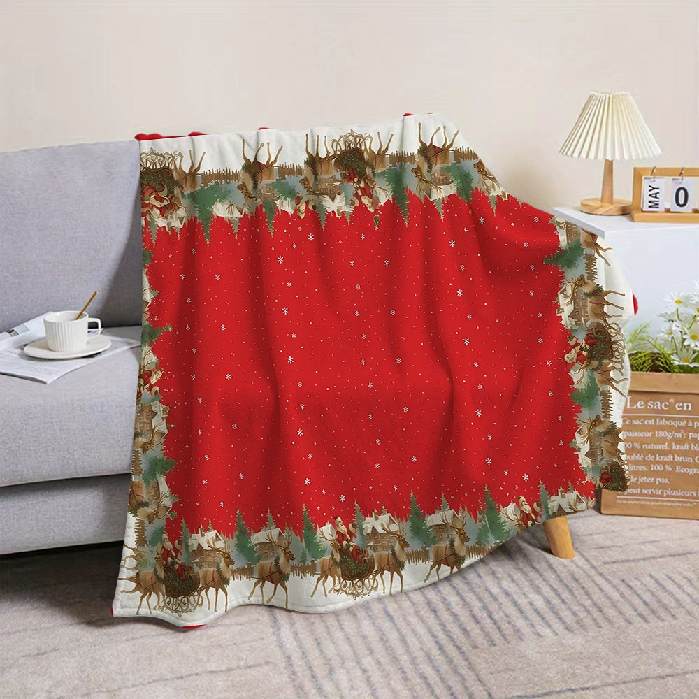 1pc Christmas Reindeer and Snow Scene Border Red Flannel Blanket, Soft, Comfortable, and Warm, Holiday Design, All-Season Universal Sofa Blanket, Warm Throw Blanket, Multiple Sizes Available, Suitable for Living Room Sofas, Bedroom