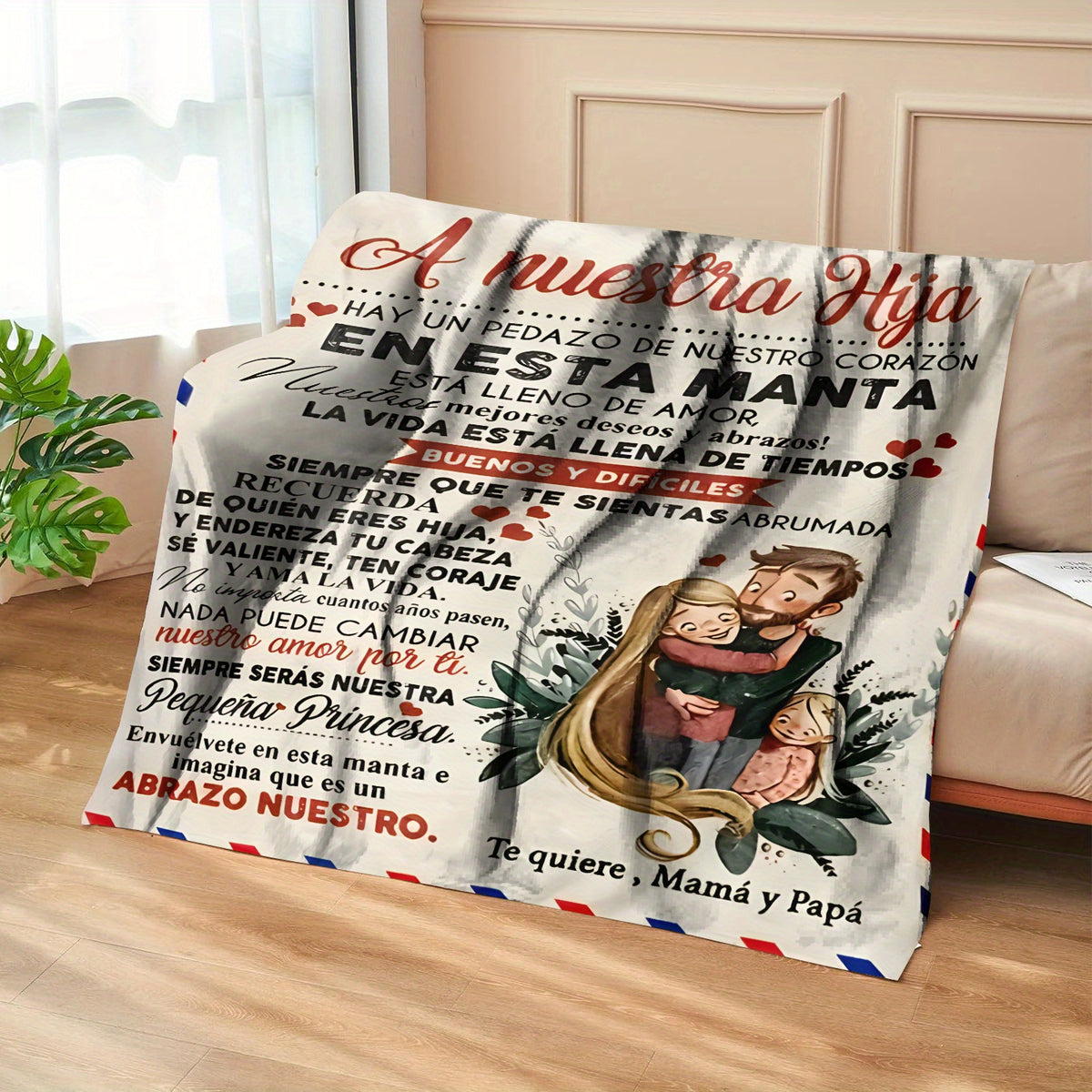 Spanish Love Letter Flannel Throw Blanket for Daughter, Soft Flannel, Contemporary Style, Polyester,, Digital Print, Mixed Colors, All-Season, Home Kitchen Bedding, 200-250g Square