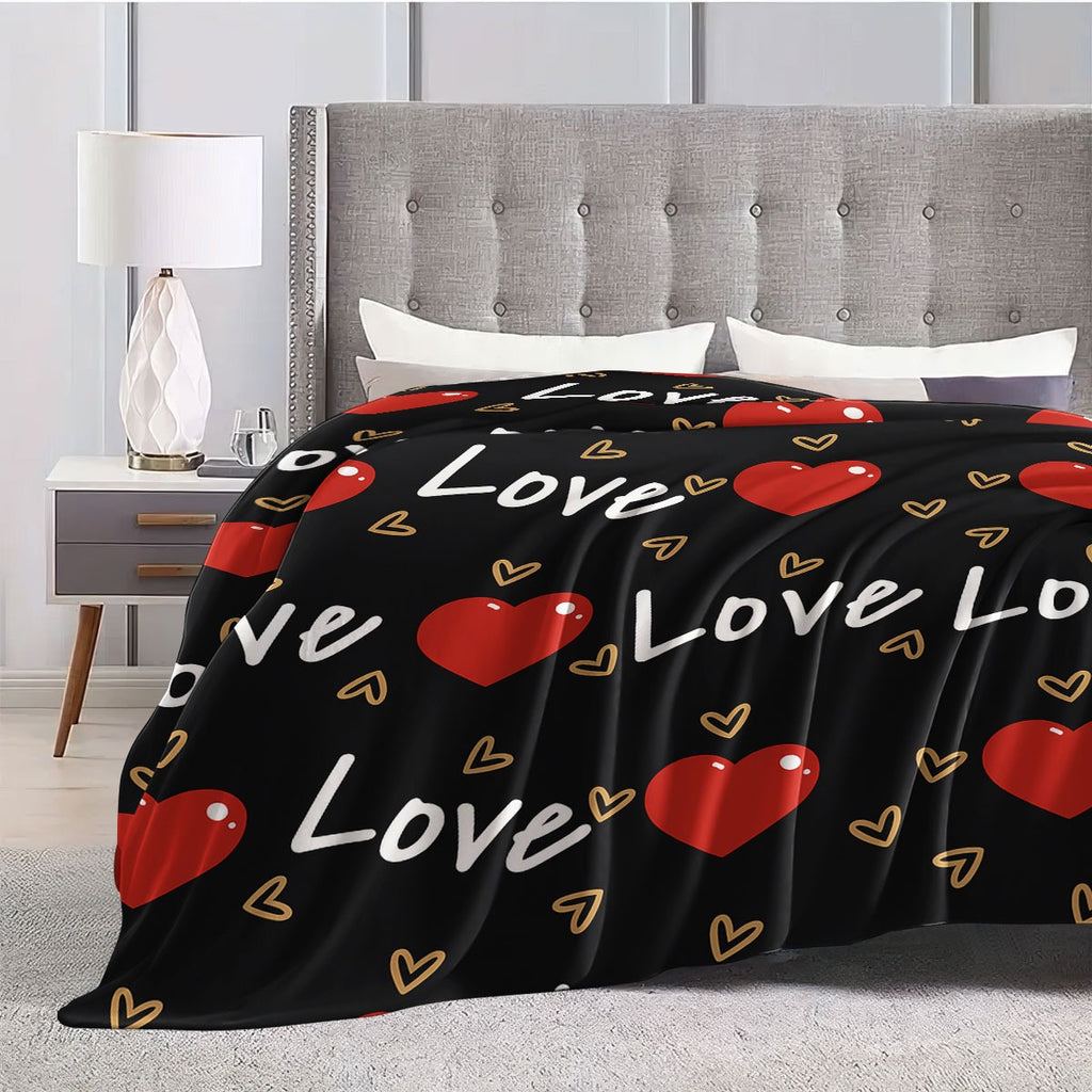 1pc Love Print Flannel Blanket | Soft Warm All-Season Quilted Throw with Red Hearts & Love Lettering, Plush Polyester Bedspread for Napping, Camping, Travel, Home Decor - Ideal Valentine'S Day Gift, Cozy Bedding, Romantic Theme