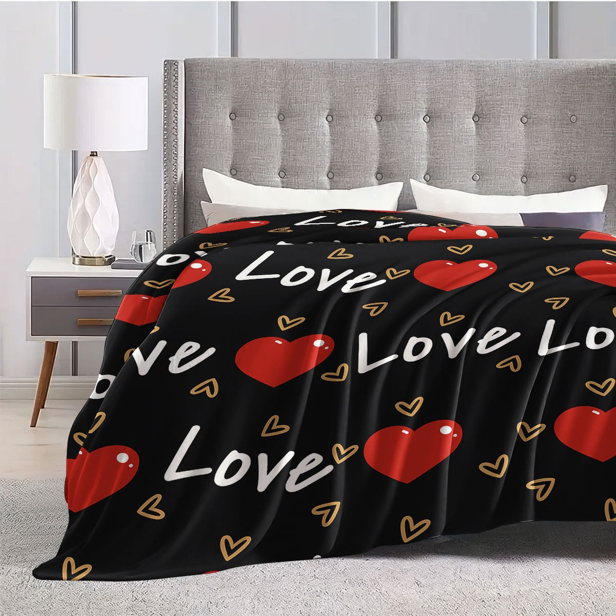 1pc Love Print Flannel Blanket | Soft Warm All-Season Quilted Throw with Red Hearts & Love Lettering, Plush Polyester Bedspread for Napping, Camping, Travel, Home Decor - Ideal Valentine'S Day Gift, Cozy Bedding, Romantic Theme