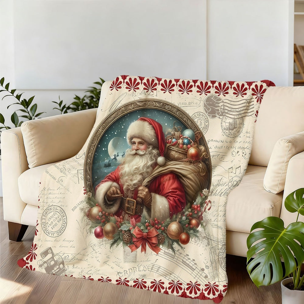 1pc Santa Claus And Holiday Decor Flannel Blanket, Soft Comfortable Warm, Beige And Red Design, All-Season Sofa Blanket, Warm Throw Blanket, Multiple Sizes Available, Suitable for Living Room Sofa, Bedroom, Reading Corner, Holiday Parties
