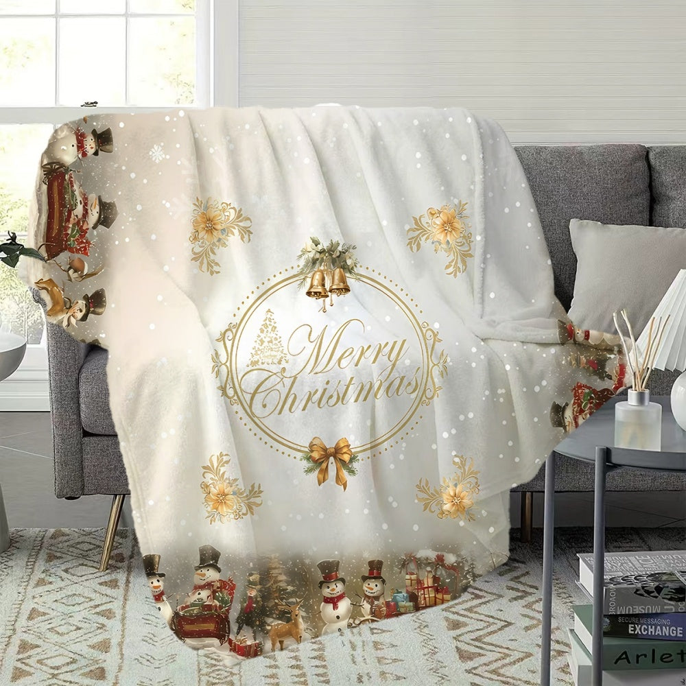 1pc, 1 Christmas Snowman with Bells and Golden Floral Pattern Flannel Blanket, Soft, Comfortable, and Warm, White Romantic Design, Durable Plush Surface, All-season Universal Sofa Blanket, Thermal Throw Blanket, Multiple Sizes Available