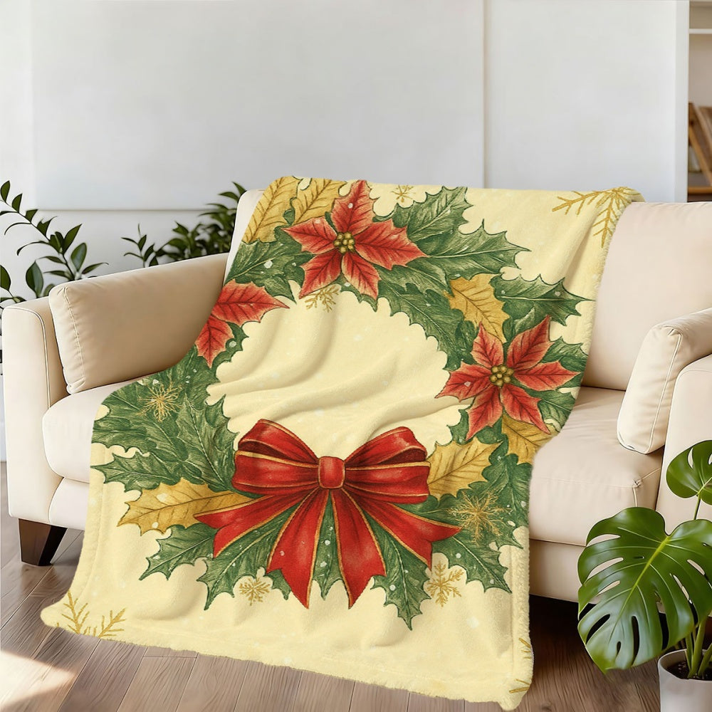 1 Christmas Wreath and Red Ribbon Flannel Blanket, Beige-toned Design, Durable Plush Warm Throw Blanket, Suitable for Bedroom Bed Use, Balcony Leisure, and Seasonal Home Use