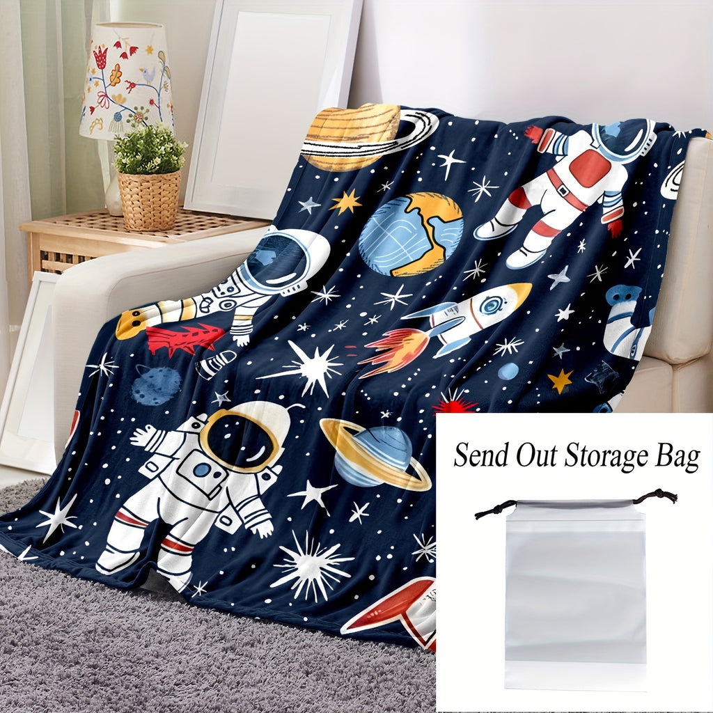 1pc Cozy Astronaut Blanket - Soft Flannel Fleece Space-Themed with Planets & Rockets, Lightweight All-Season Throw Suitable for, Sofa, Travel, Camping, & Room Decor