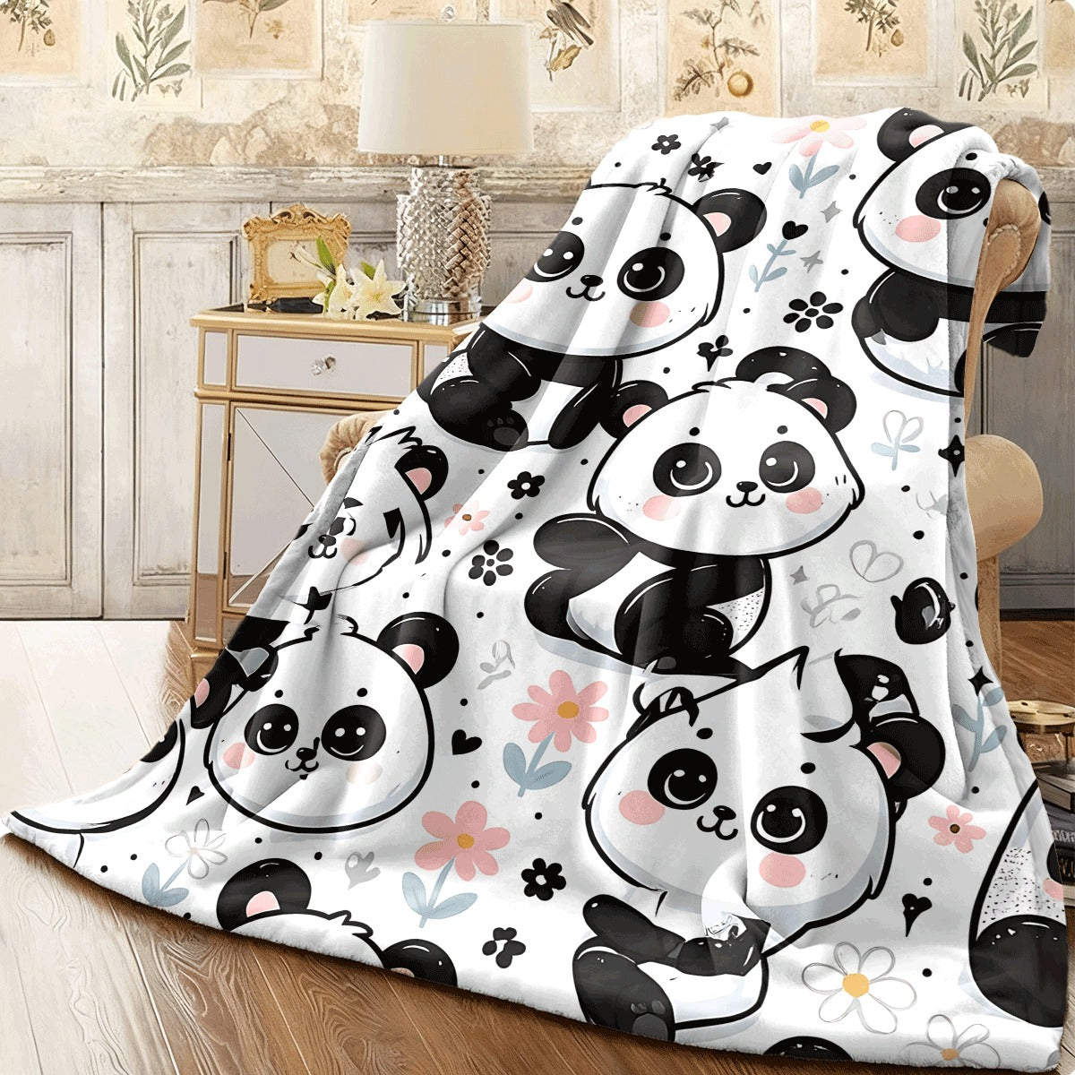 1pc Cute for panda Pattern Flannel Blanket Sweet Pastel Flowers And Adorable for panda Print Ultra-Soft All-Season Throw for Couch Sofa Cozy Gift for Panda Lovers