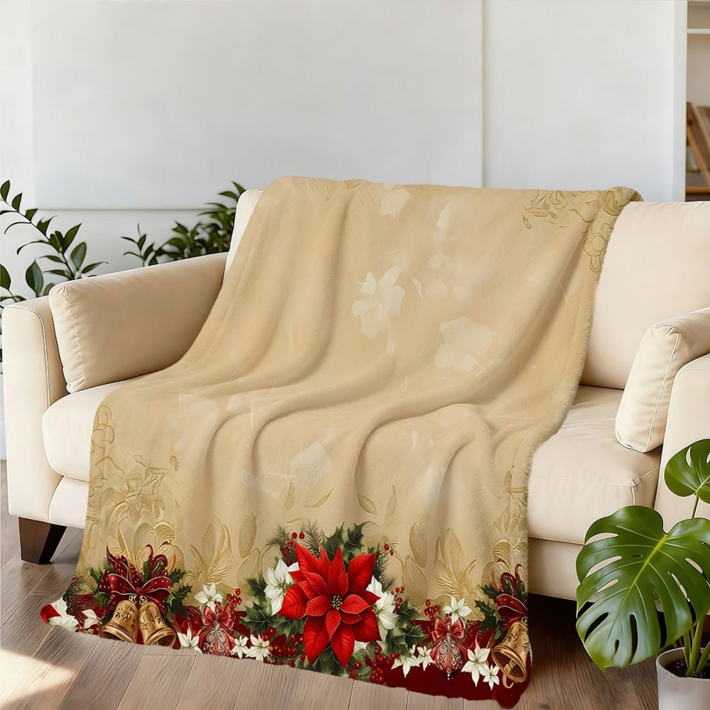 1pc, Christmas Floral Pattern Red And Golden Design Flannel Blanket, Soft Comfortable Warm, All-Season Sofa Blanket, Warm Cover, Suitable for Living Room Sofa, Bedroom, Office Rest Area, Balcony Leisure, And Outdoor Picnics