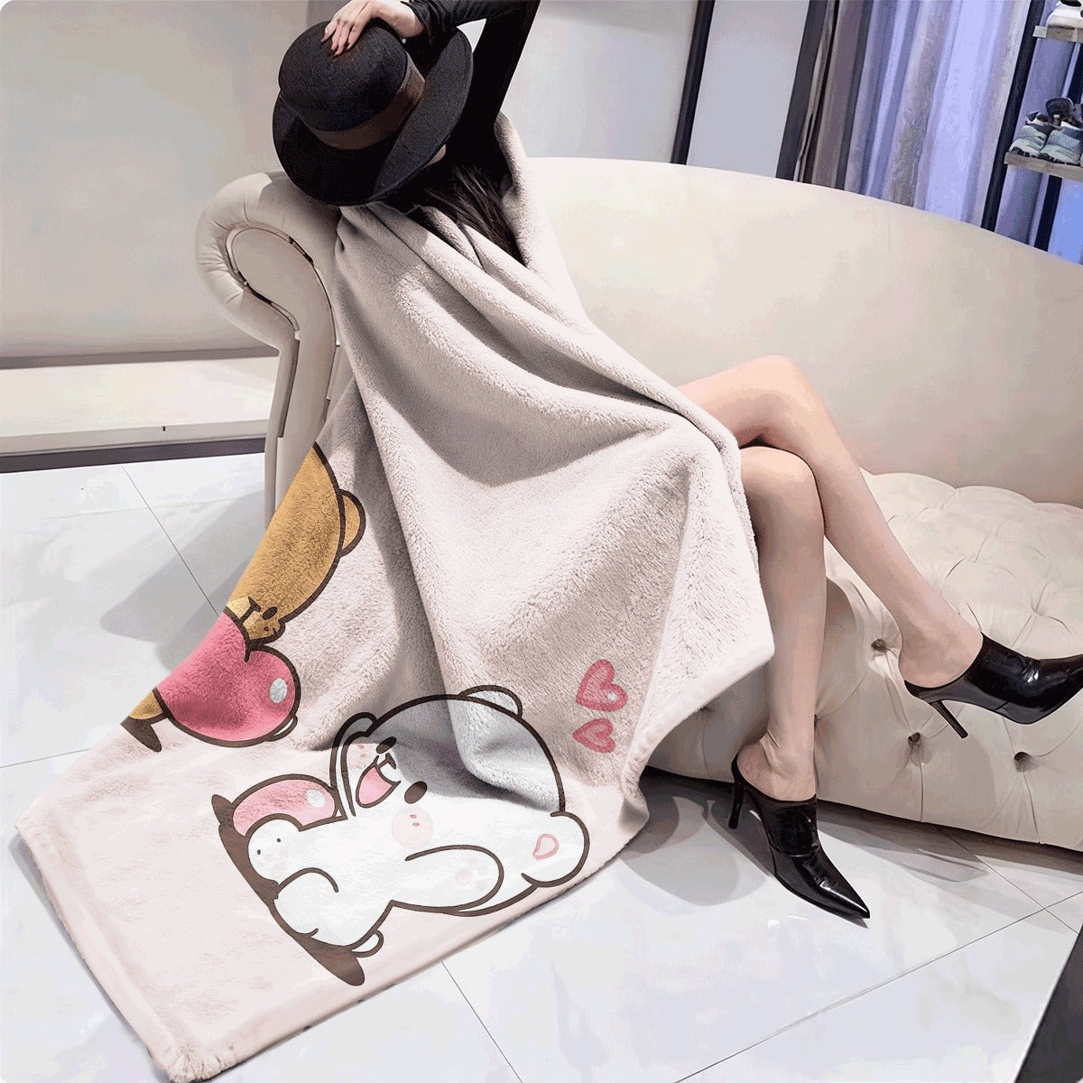 1pc Bubu & Dudu Cartoon Bear Couple Flannel Throw Blanket Soft Warm All-Season Digital Print Blanket for Sofa Travel Camping Office Cozy Gift for Family & Friends And Sofa Throw Pla