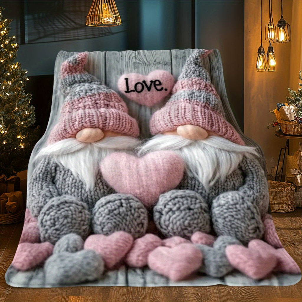 1pc 2D Flat Print, Cute Gnome with Heart-patterned Blanket, Soft Flannel Throw¡ªpink and Gray Design, Multiple Sizes Available, Suitable for Living Room, Bedroom, Sofa, Bedside, and Reading Area, 2D Flat