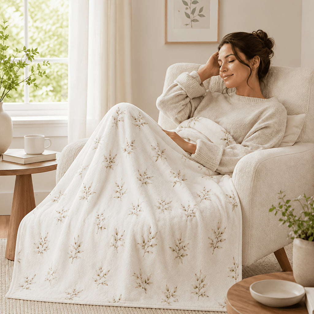 Posters & Prints 2D Flat, Light Olive Fine Leaf Simple Blanket Warm White Green Leaves Living Room Sofa Bedroom Lunch Break Air Conditioning Blanket, 2D Flat