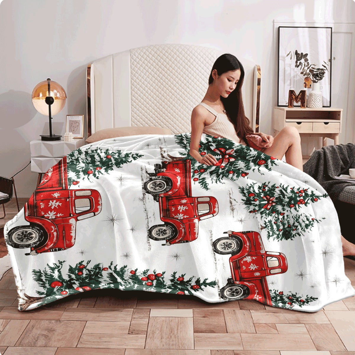 1pc Christmas Winter Red Truck And Tree Flannel Blanket Cozy Warm Throw for Sofa Festive Xmas Home Decor with Snowy Christmas Trees Holiday Plush Blanket