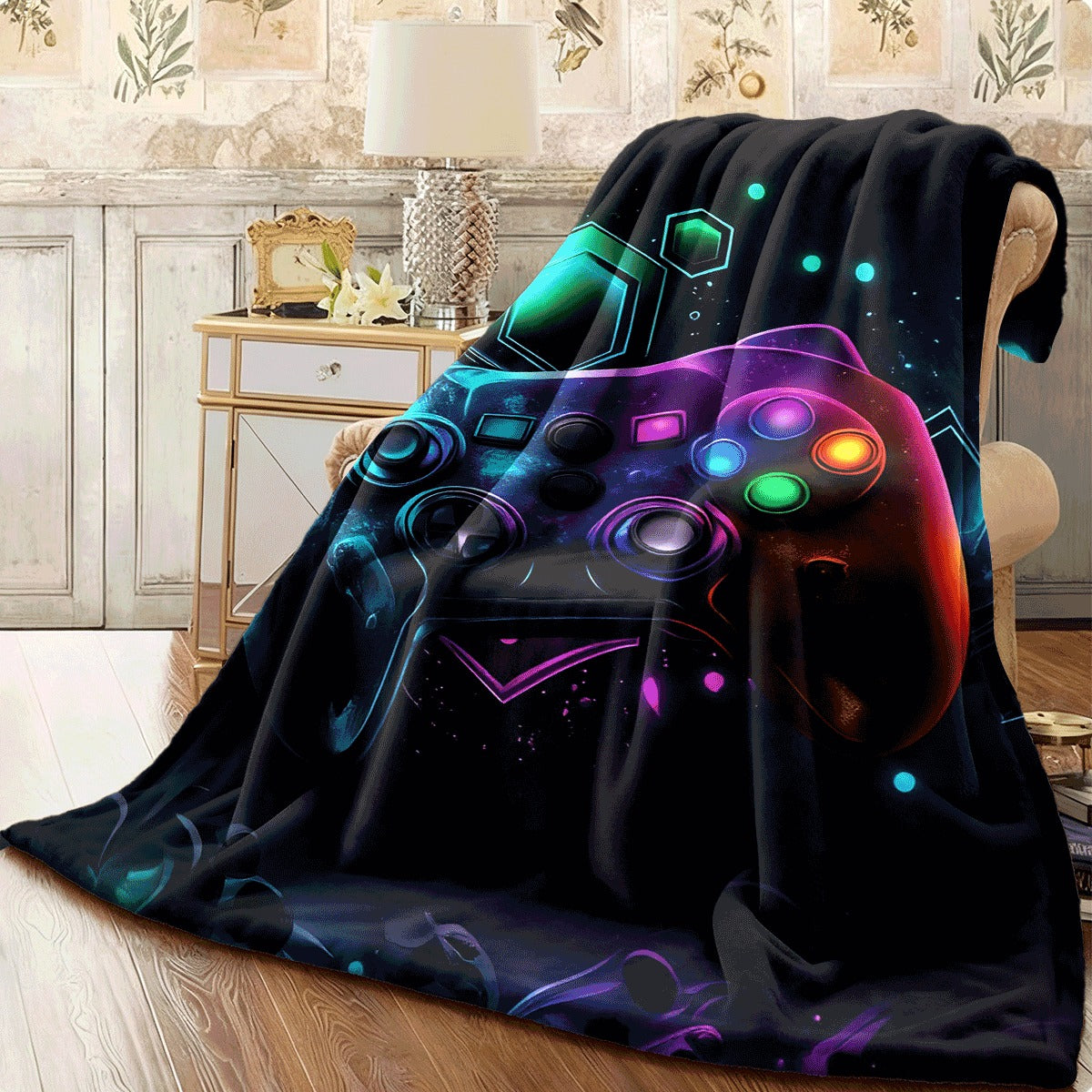 1pc Gaming Controller Design Throw Blanket High-Gsm Flannel Vibrant Neon Geometric Patterns All-Season Soft Durable Hand Wash solely for Gamers Living Room Home Decor Gamer Blanket Hi