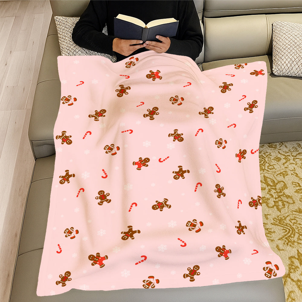 Pink Christmas Blanket with Gingerbread And Candy Cane Design, Warm And Cozy Flannel Blanket, Bed Blanket, Suitable for Home Leisure, Office, And S, Easy to Clean, Machine Washable