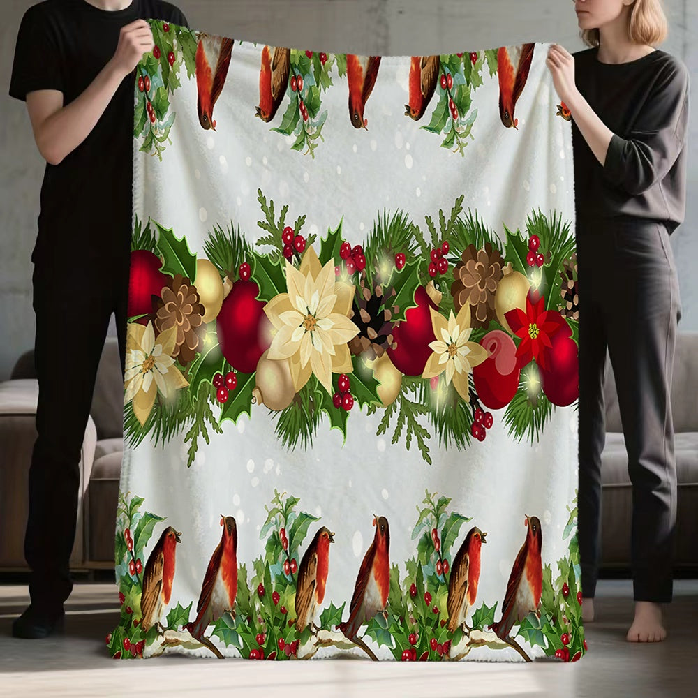 1pc Christmas Red Bird and Wreath Pattern Flannel Blanket, Soft, Comfortable, and Warm, with a White Base and Festive Design. A Four-season Universal Sofa Throw and Warm Cover Blanket, Available in Multiple Sizes. Suitable for Living Room Sofas