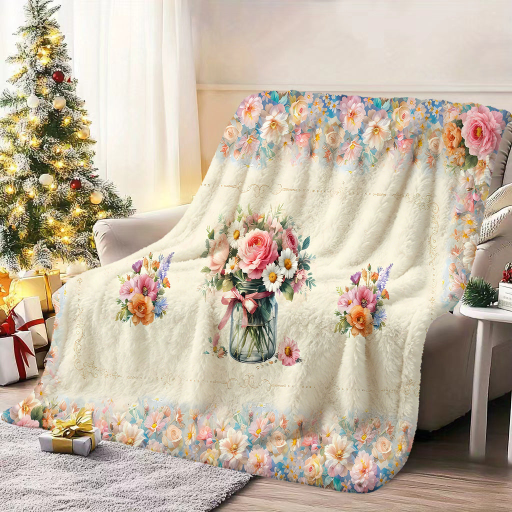1pc Floral Vase Patterned Blanket, Retro Style Design, Soft Plush Surface, Flannel Material Lightweight And Durable, Multiple Sizes Available, Ideal for Holiday Gifts, Living Room Leisure, Bedroom Warmth, Study Reading, Seasonal Home Decor