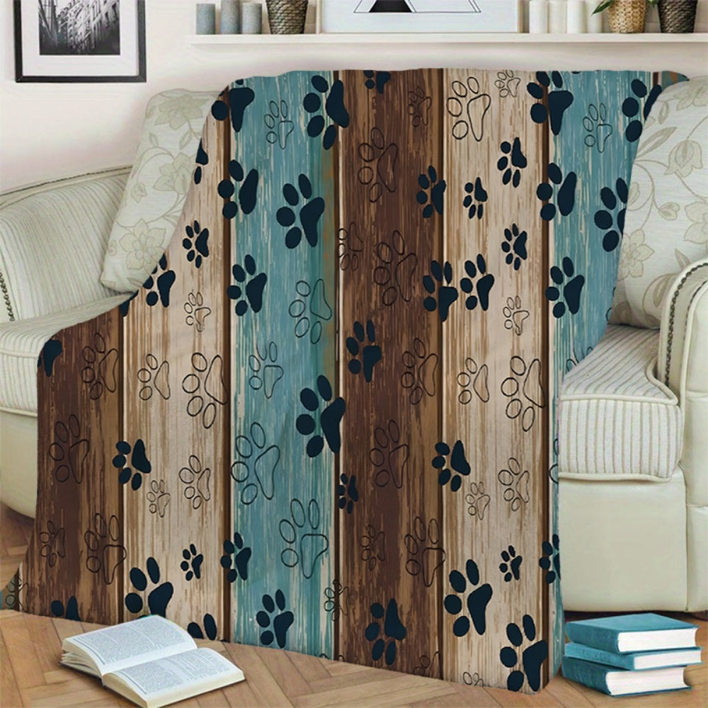 1pc of Wood Grain and Paw Print Patterned Blanket, Vintage-style Design, Soft Plush Surface, Lightweight and Durable Flannel Material, Available in Multiple Sizes, Perfect for Holiday Gatherings, Living Room Lounging, Bedroom Sleep, Study Reading