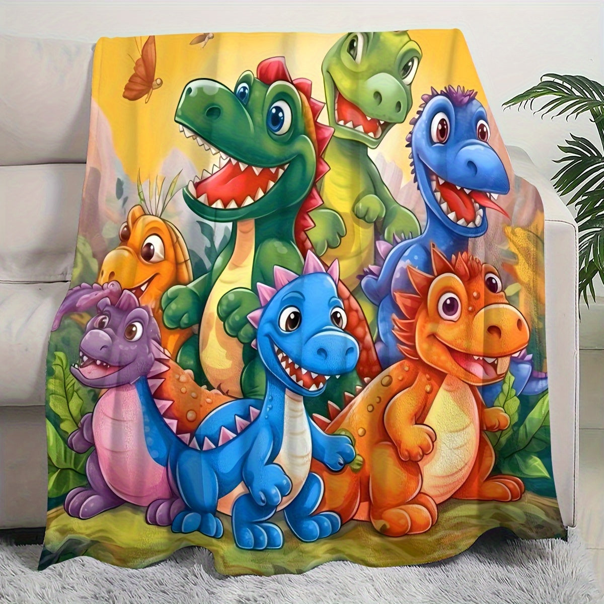 Dinosaur Cartoon Print Flannel Blanket | Hypoallergenic & Machine Washable, 280gsm All-Season Soft Cozy Throw with Vibrant Dinosaur Design (T-Rex, Velociraptor, Stegosaurus) for Bed, Sofa, Living Room - Contemporary Bedding & Room Decor, Adults