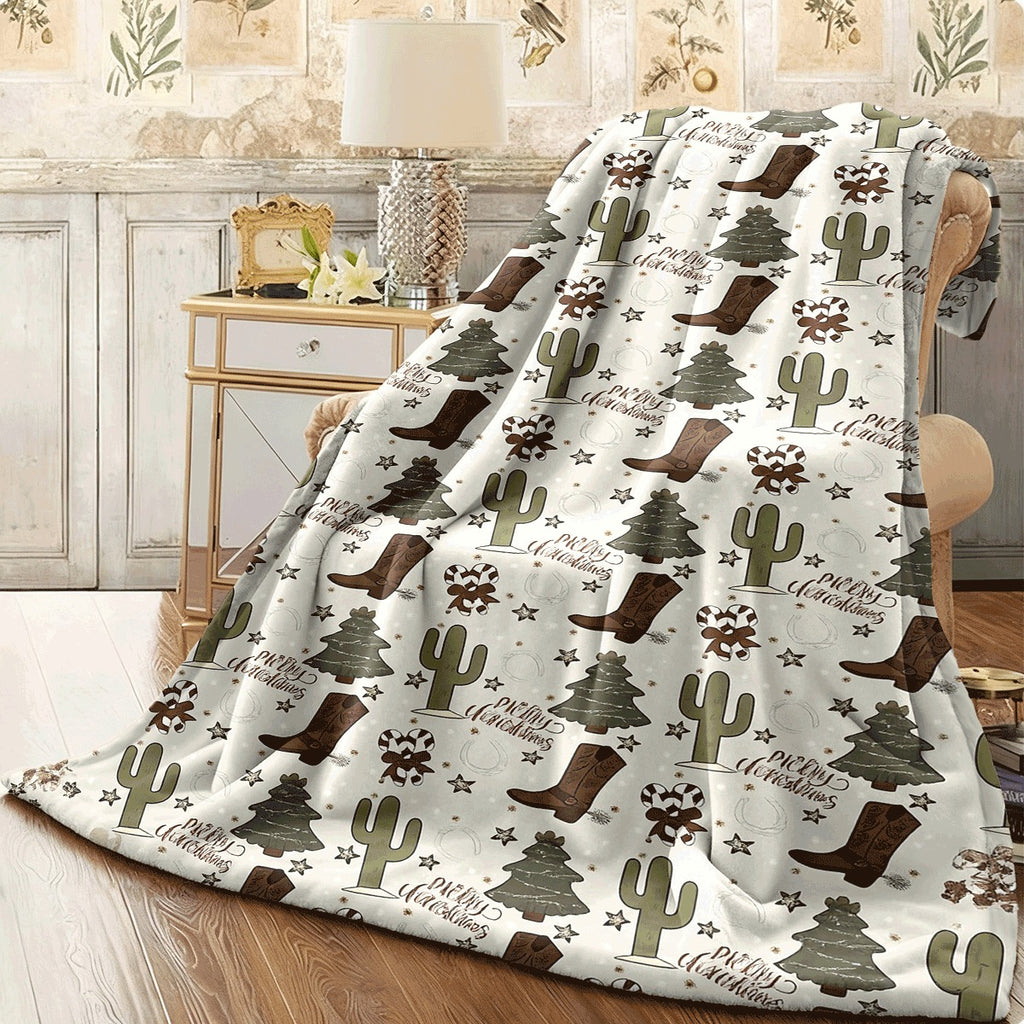 1pc Festive Western Cow Christmas Throw Blanket Cozy Flannel with Cacti, Horse Boots & Trees Design, Machine Washable, All-Season Comfort for Home & Holiday Decor, Cow Christmas Decorations