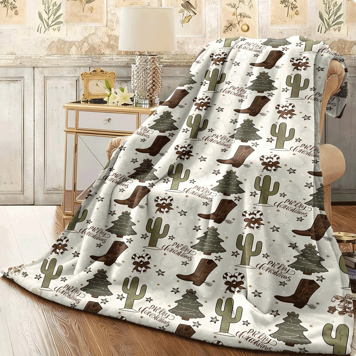 1pc Festive Western Cow Christmas Throw Blanket Cozy Flannel with Cacti, Horse Boots & Trees Design, Machine Washable, All-Season Comfort for Home & Holiday Decor, Cow Christmas Decorations