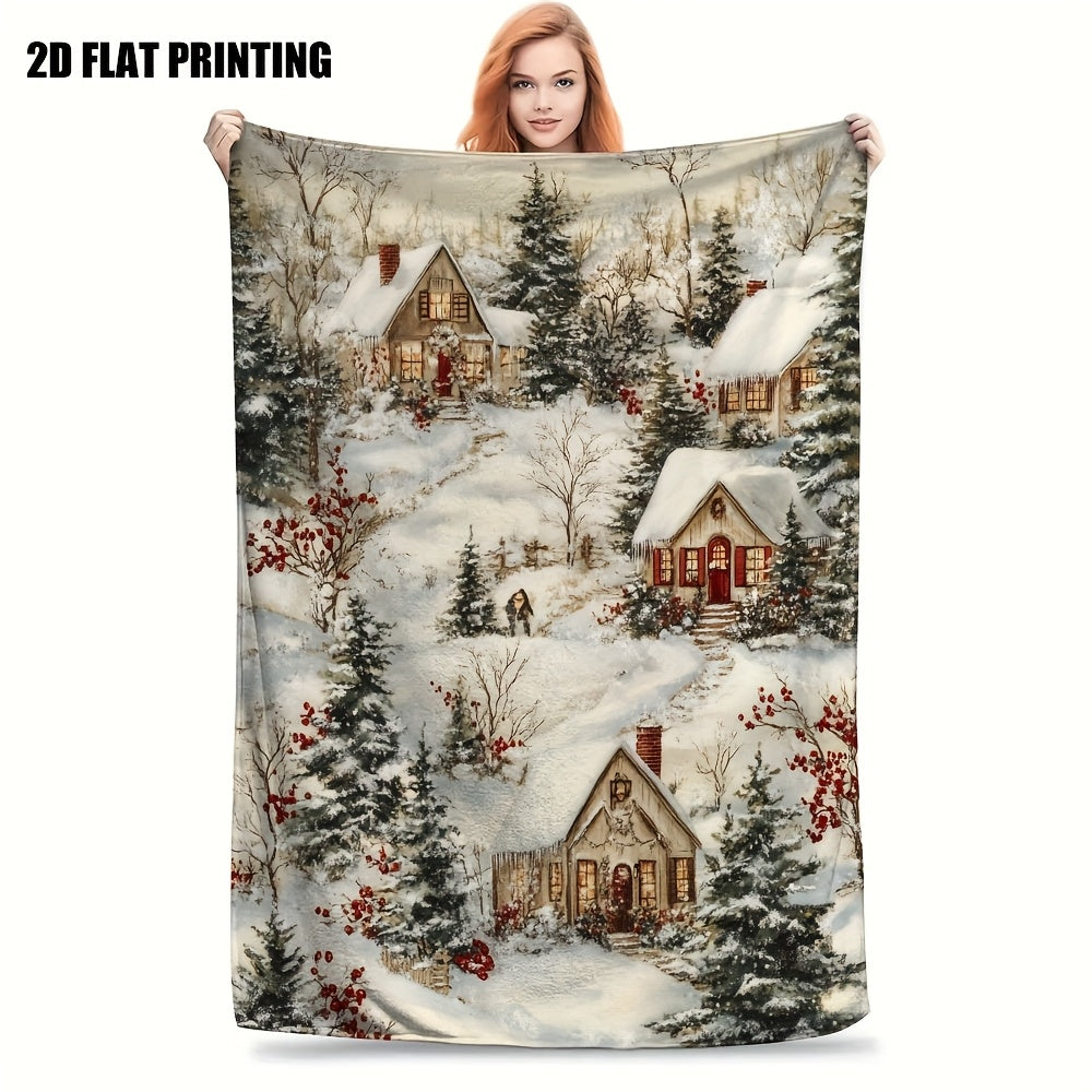Retro Winter Village Pattern Flannel Blanket, Sofa And Chair Dual-Purpose Thermal Blanket, Warm Company Halloween And Christmas