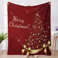 Christmas Tree and Golden Star Print Flannel Blanket, Red Shawl - Suitable for Sofa, Bed, Office, Travel, Camping - Soft, Warm, and Comfortable for All Seasons