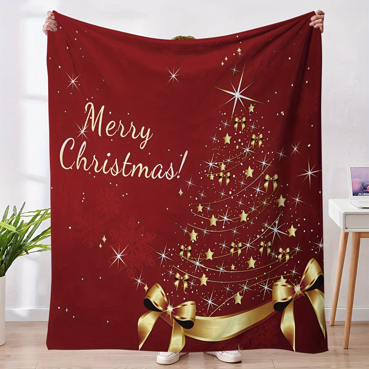 Christmas Tree and Golden Star Print Flannel Blanket, Red Shawl - Suitable for Sofa, Bed, Office, Travel, Camping - Soft, Warm, and Comfortable for All Seasons
