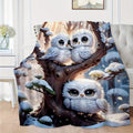 1pc 2D Flat Print, Snowy Night Two Owls Cuddling Blanket, Soft Flannel Blanket¡ªwhite and Blue Design, Multiple Sizes Available, Suitable for Living Room Sofas, Bedroom, Reading Nooks, Leisure Time, and Winter Warmth, 2D Flat