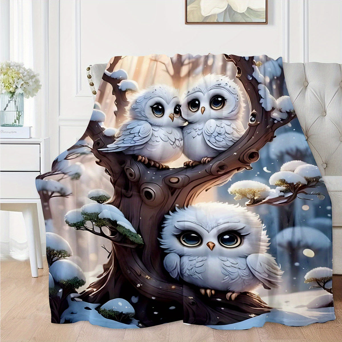 1pc 2D Flat Print, Snowy Night Two Owls Cuddling Blanket, Soft Flannel Blanket¡ªwhite and Blue Design, Multiple Sizes Available, Suitable for Living Room Sofas, Bedroom, Reading Nooks, Leisure Time, and Winter Warmth, 2D Flat