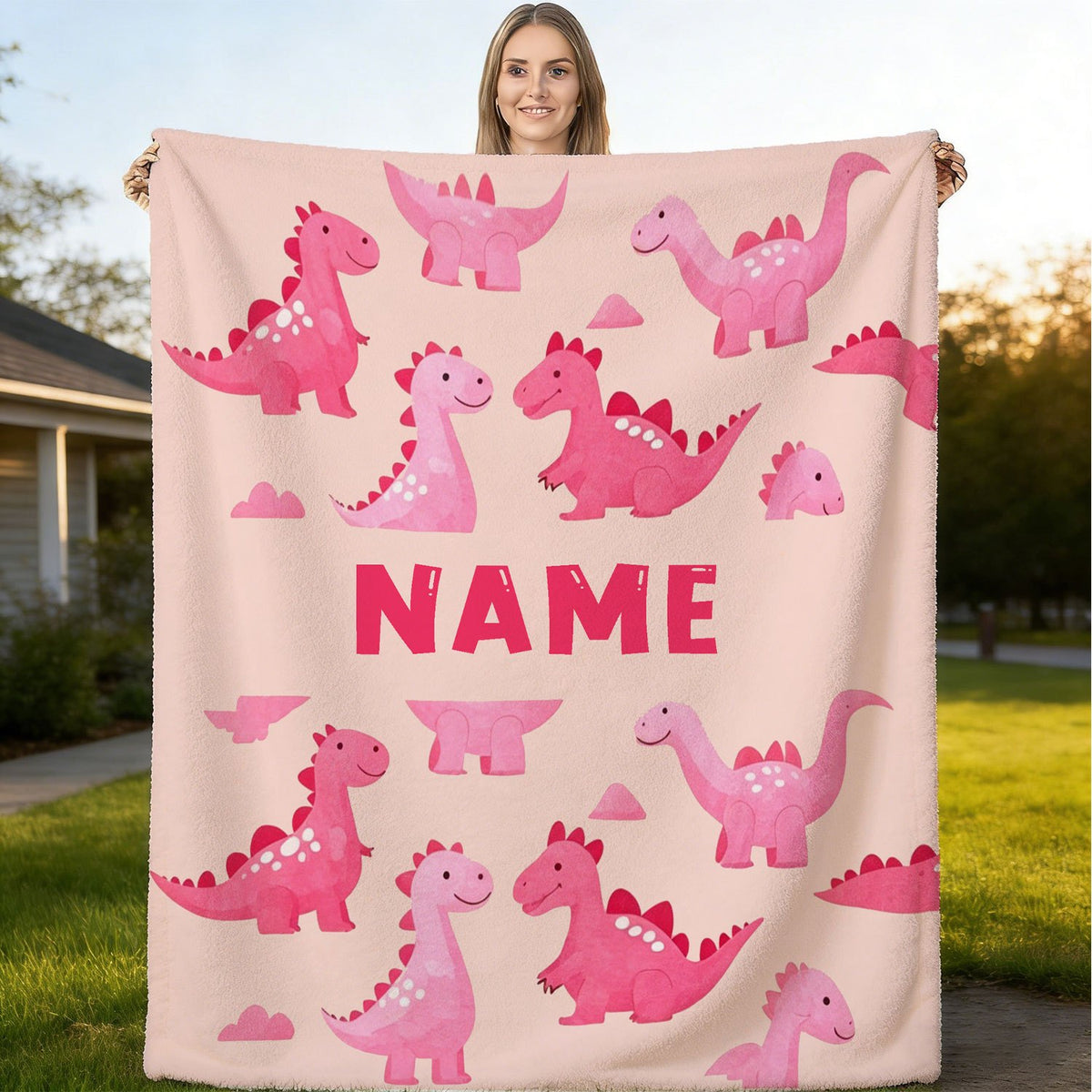 Personalized Custom Name Blanket - Cute Pink Little Dinosaur Fleece Blanket - Gift for Outdoor Enthusiasts - All-Season Plush Blanket - Suitable for Home And Travel - Comfortable Personalized Blanket - Ideal Holiday Gift for Family And Friends