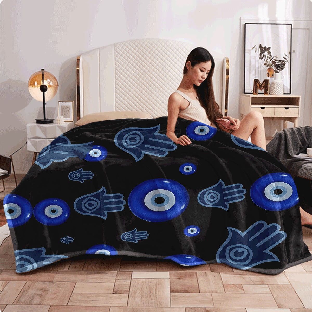 1pc Soft Flannel Throw Blanket Black Background with Blue Hamsa Hand And Evil Eye Pattern Cozy Warm Decorative Blanket for Sofa All-Season Comfort Machine Washable