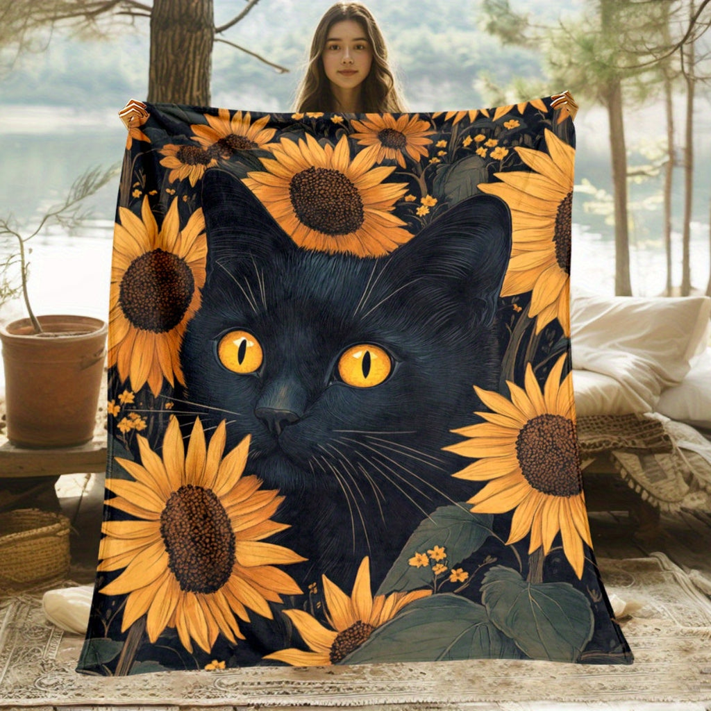 1pc Black Cat & Sunflowers HD Printed Flannel Blanket - All-Season Soft Lightweight Throw for Camping, Travel, Home, Office - Contemporary Anime Design Cozy Gift, Travel Blanket, Vibrant Design, Durable Fabric