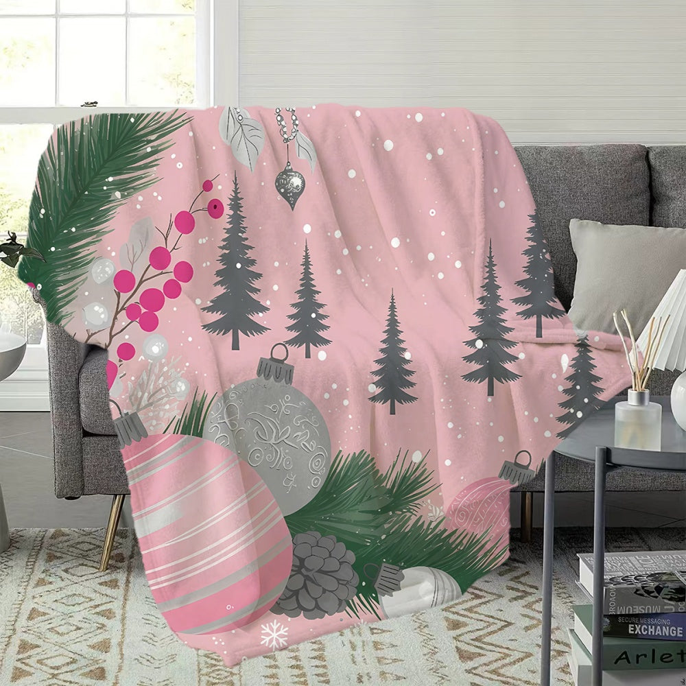 1pc Christmas Pine Tree And Ball Pattern Pink Flannel Blanket, Soft Comfortable Warm, Winter Design, All-Season Sofa Blanket, Warm Cover, Multiple Sizes Available, Suitable for Living Room Sofa, Bedroom, Reading Corner, Leisure Time