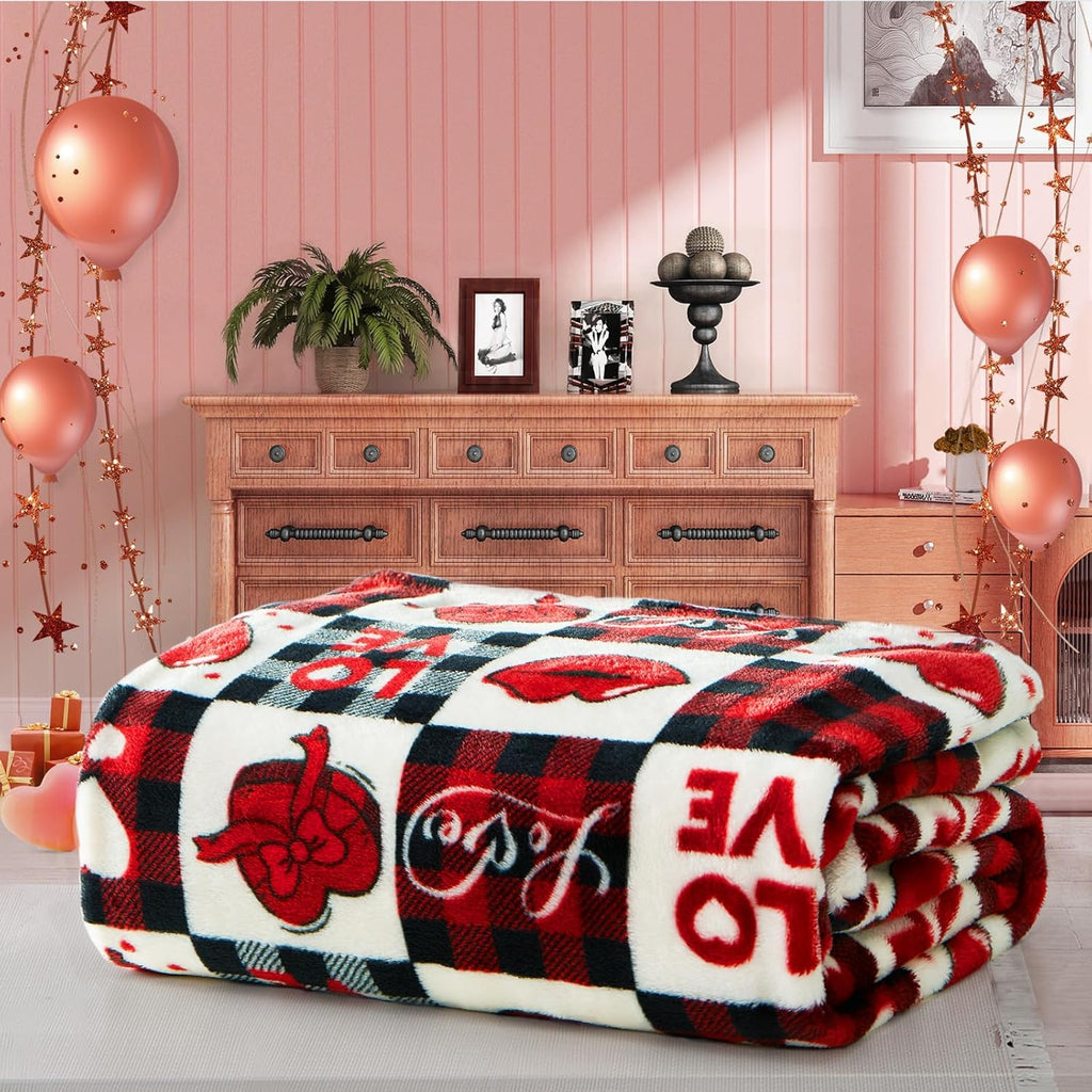 Valentine's Day Gift Blanket for Mom, Wife- Red Pattern Throw for Couch, Sofa or Bed- Decorative Plaid Luxury Flannel Lap Blanket- Super Cozy Comfy