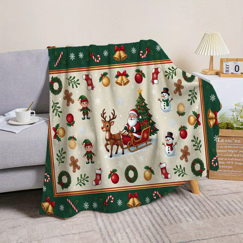 1pc, Santa Claus Sleigh and Reindeer Pattern Flannel Blanket with Green Border Design, Soft, Comfortable, and Warm, Winter Thermal Throw Blanket, Suitable for Living Room Sofas, Bedroom Sofa, Reading Areas, Rest Areas, and Holiday Decorations