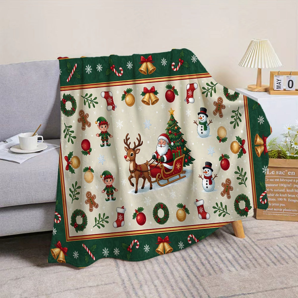 1pc, Santa Claus Sleigh and Reindeer Pattern Flannel Blanket with Green Border Design, Soft, Comfortable, and Warm, Winter Thermal Throw Blanket, Suitable for Living Room Sofas, Bedroom Sofa, Reading Areas, Rest Areas, and Holiday Decorations