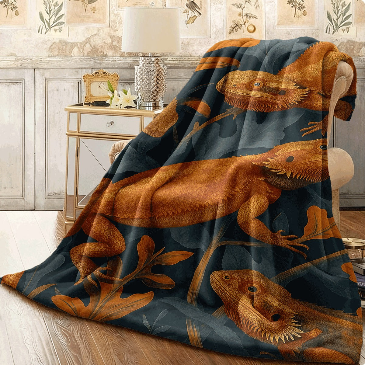 1pc Flannel Blanket with Warm Orange Bearded Dragons And Leafy Patterns Dark Blue Background Soft Cozy Fabric for Home Decor Couch Sofa All-Season Comfortable Throw