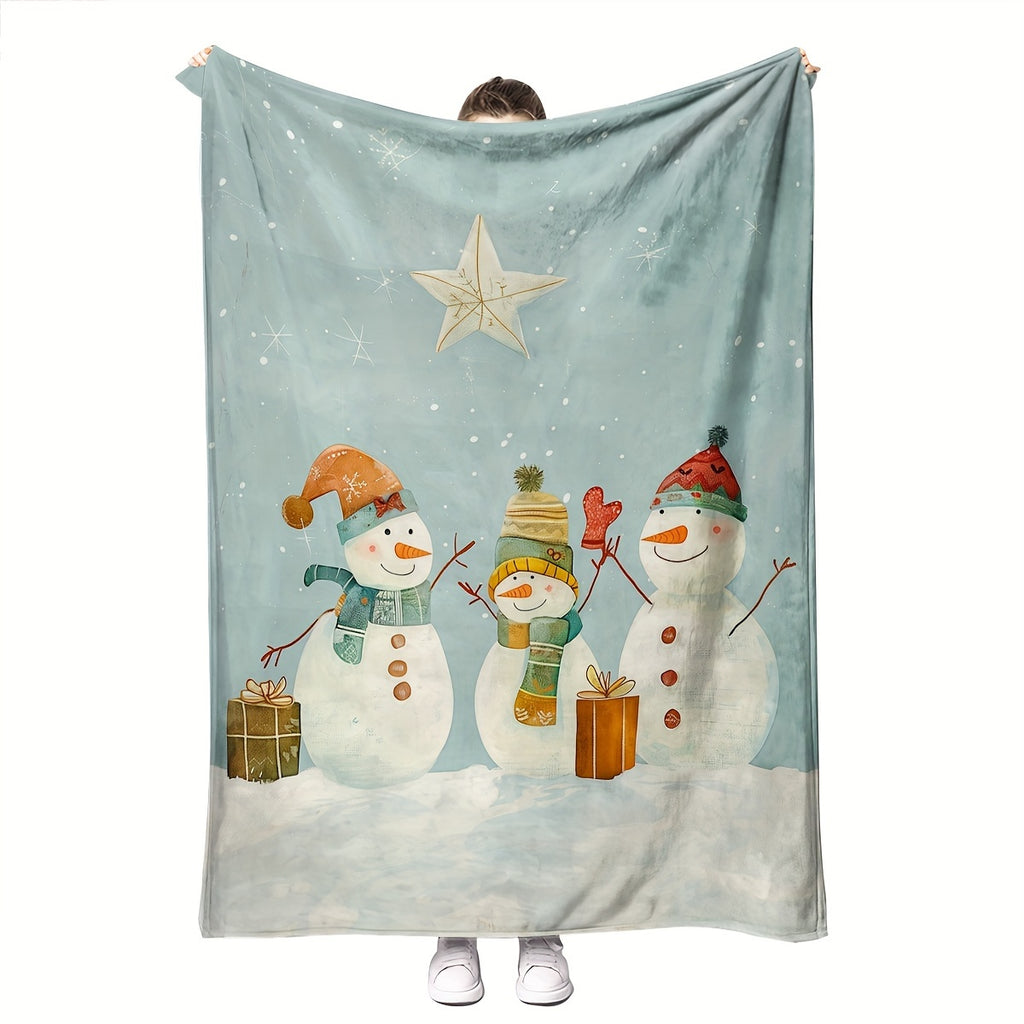 1pc Snowman And Gift Box Christmas Theme Blue Flannel Oversized Blanket, Winter Decor Design, Large Plush Throw, Suitable for Home Nap, Movie Entertainment Time, Weekend Sofa Relaxation