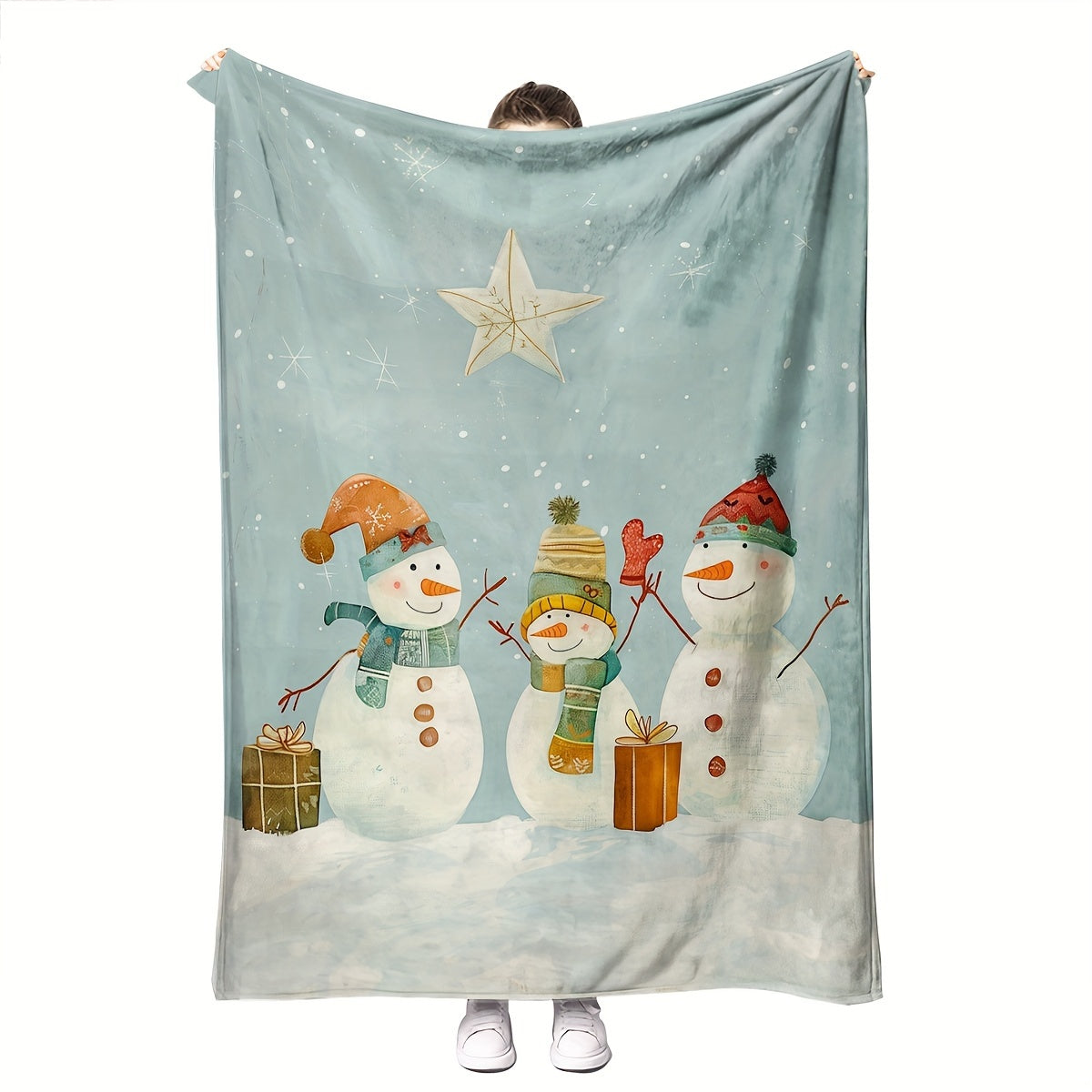 1pc Snowman And Gift Box Christmas Theme Blue Flannel Oversized Blanket, Winter Decor Design, Large Plush Throw, Suitable for Home Nap, Movie Entertainment Time, Weekend Sofa Relaxation