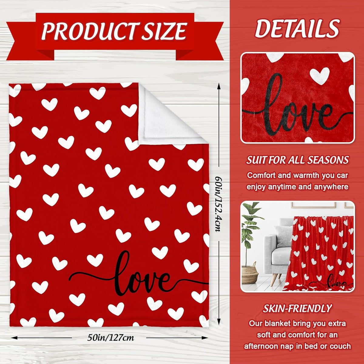 Valentine Fuzzy Blanket Love Heart Throw Blanket Red Cozy Flannel Blanket for Home Bed Sofa Couch Chair, 50 X 60 Inch