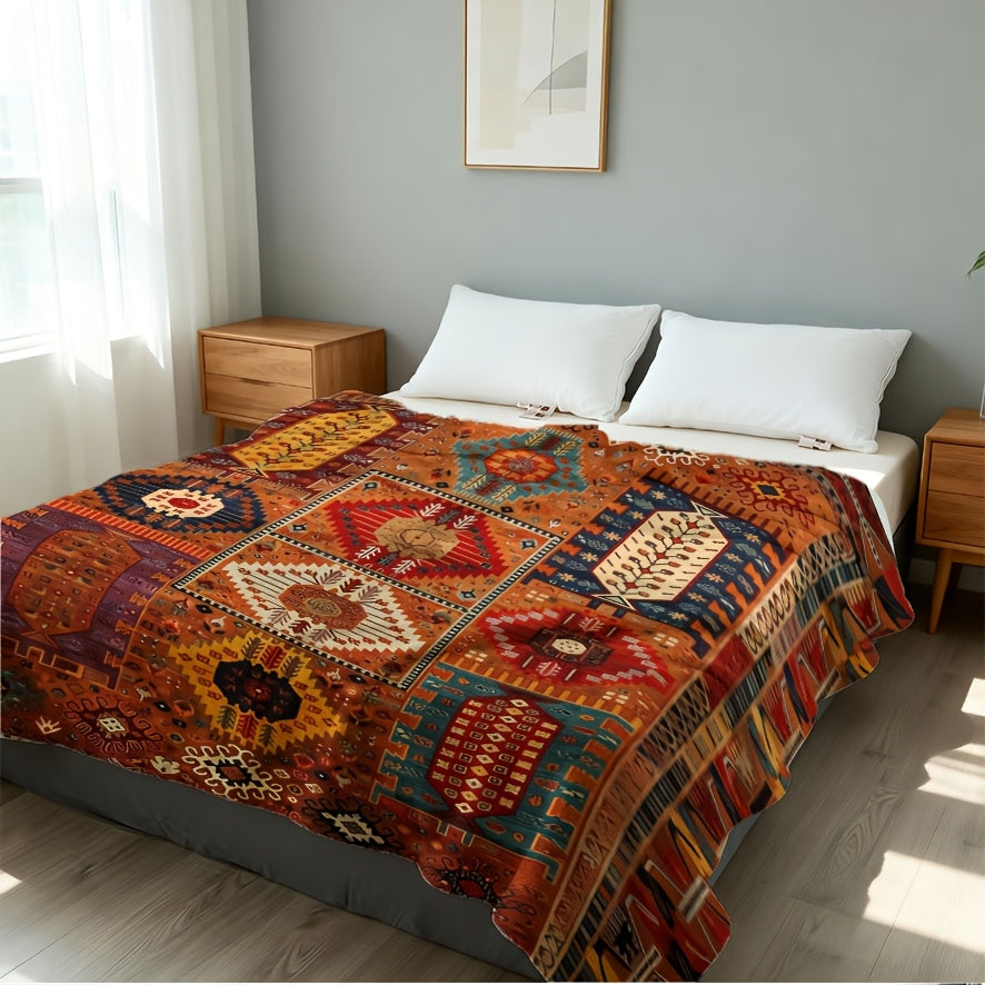 A Bohemian Geometric Patterned Fleece Blanket - Suitable for All Seasons, Soft And Warm, Perfect for Camping, Travel, Car, And Office Use - Machine Washable, Comfortable Home Decor, Vibrant Colors, Exquisite Pattern Craftsmanship, Modern Style