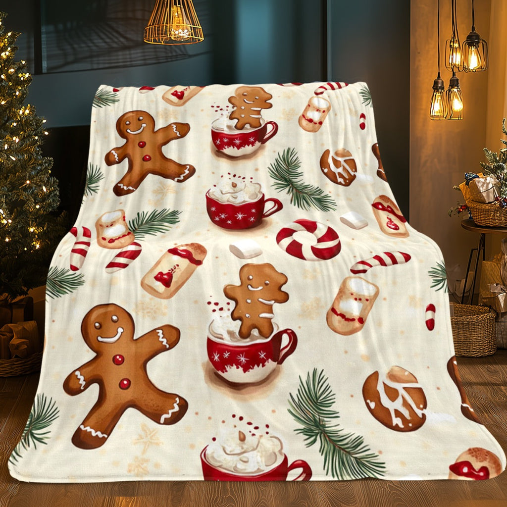 1pc Gingerbread Man And Christmas Hot Drink Theme Beige Blanket, Festive Decor Design, Large Plush Throw Blanket, Suitable for Weekend Sofa Naps, Home Afternoon Rest, Office Nap