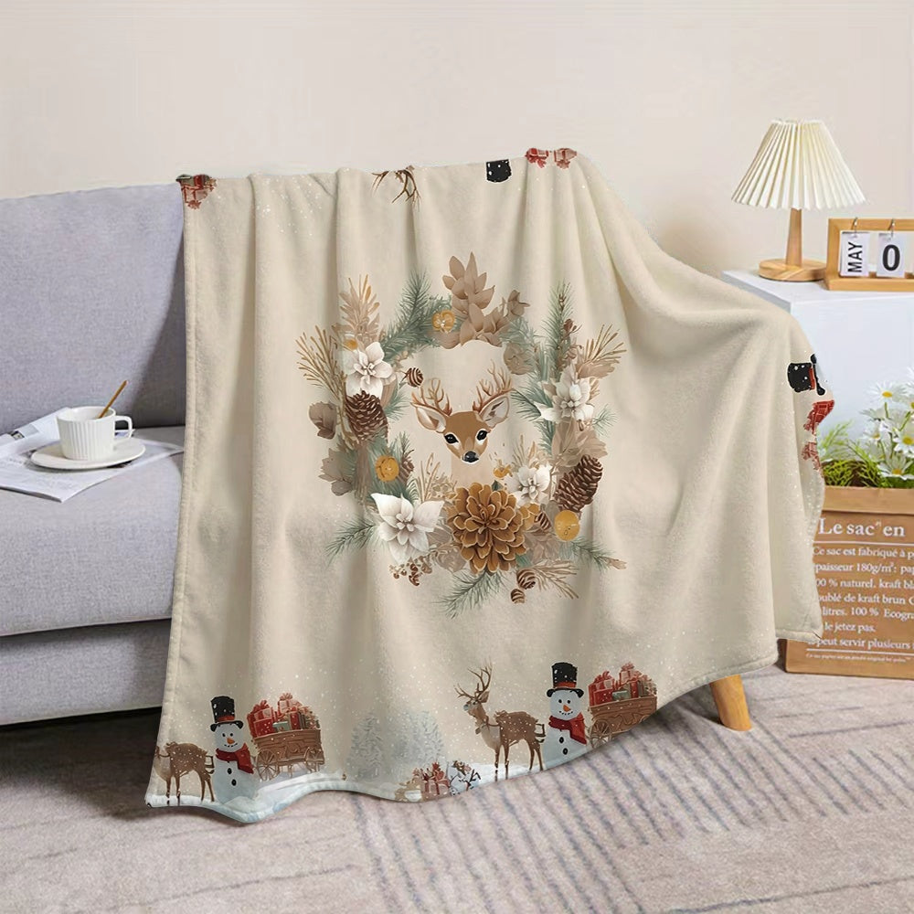 1pc Christmas Reindeer Wreath Pattern Flannel Blanket, Soft Comfortable Warm, Beige And Brown Design, All-Season Blanket, Warm Cover, Multiple Sizes Available, Suitable for Living Room Sofa, Bedroom, Reading Corner, Leisure Time