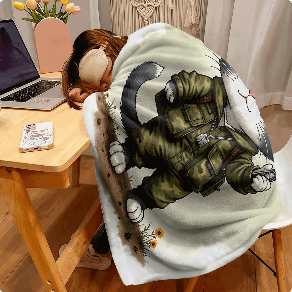 1pc Cute Gray and White Cat in Camouflage Uniform Soft Flannel Blanket Cozy Throw with Adorable Kitten Sunflowers & Adventure Style Design for Sofa